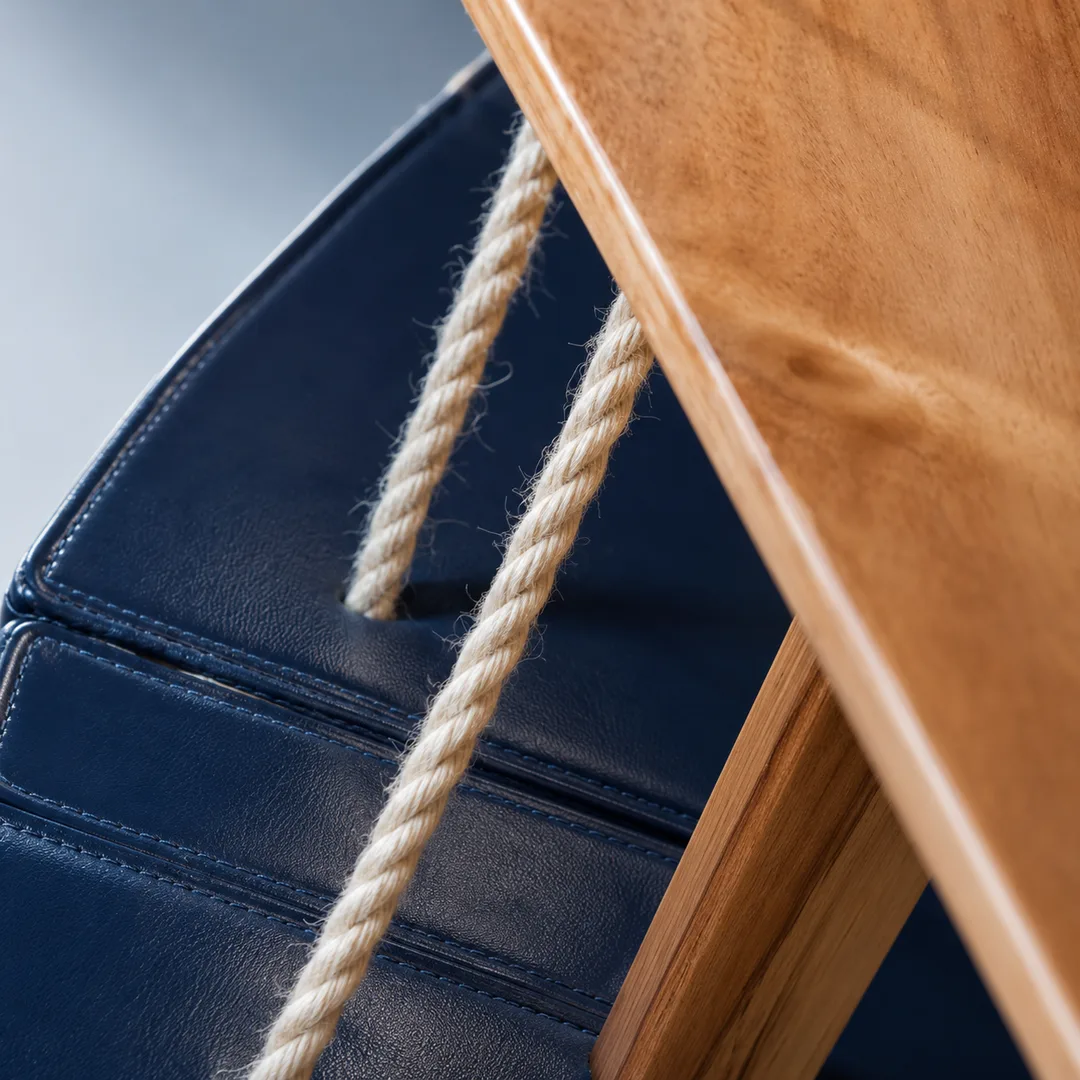 La cubierta tapizada en cuero azul, con la soga cruzando la madera del exhibidor